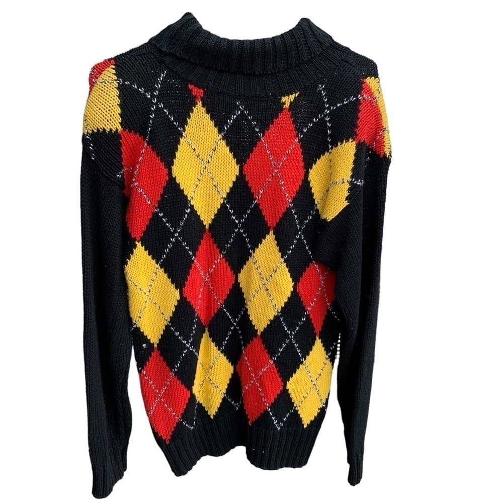 Vintage Liz Sport Black Knit Argyle Cotton Blend Sweater Turtleneck Size Petite
